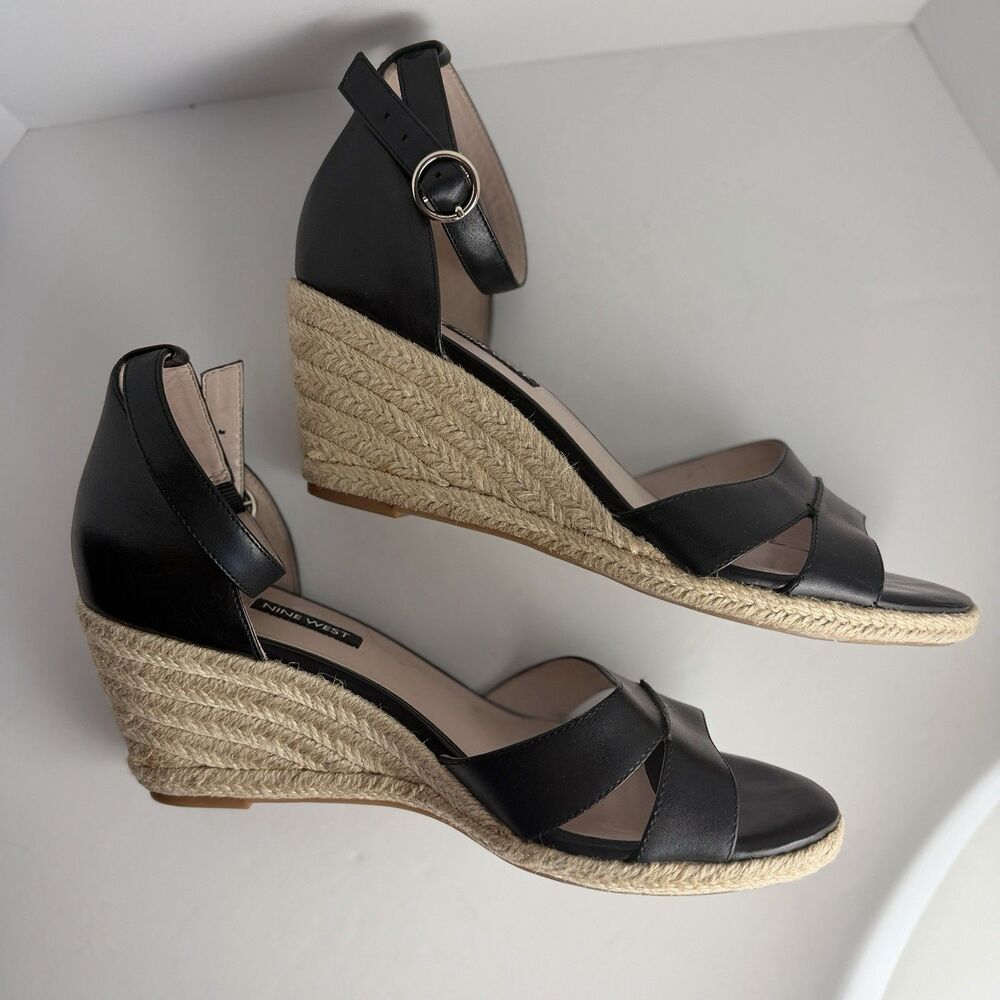 Nine West Jeranna Espadrille Wedge Sandals Black Leather Women 10 EUC - Picture 6 of 11